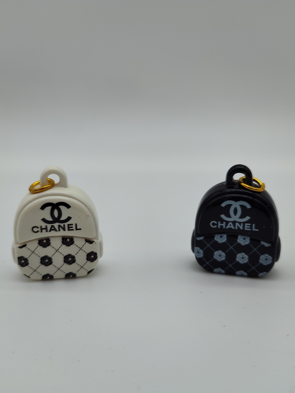 CHANEL Mini Backpack Zipper Pull Charms Set of 2 Black White Camellia Gold Tone